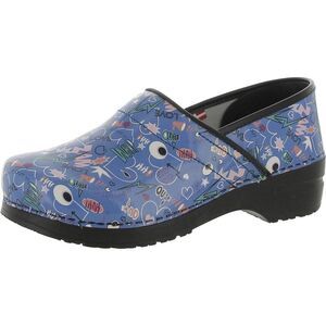 Sanita Womens Sterling Blue Patent Leather Slip On Printed Clogs Shoes NWOT